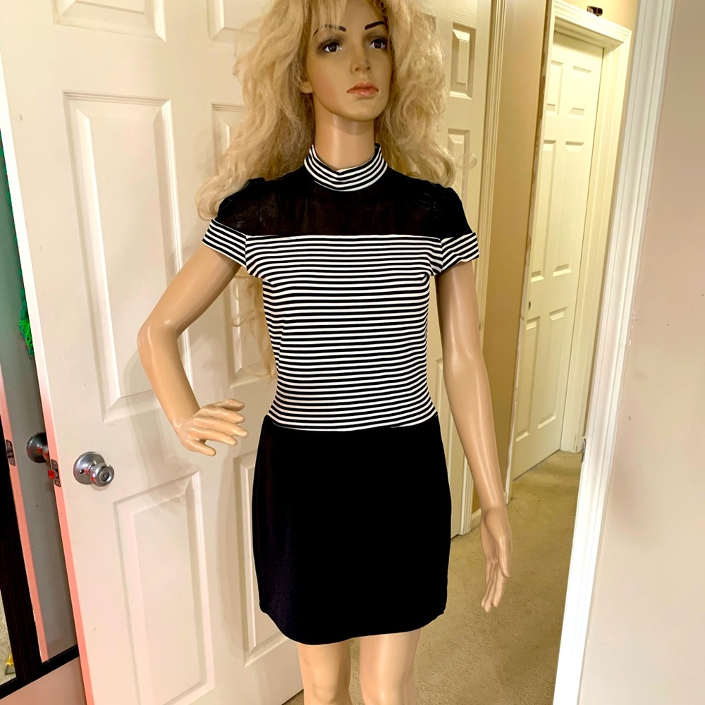 Black White Stripped Mesh Party Bodycon Dress S